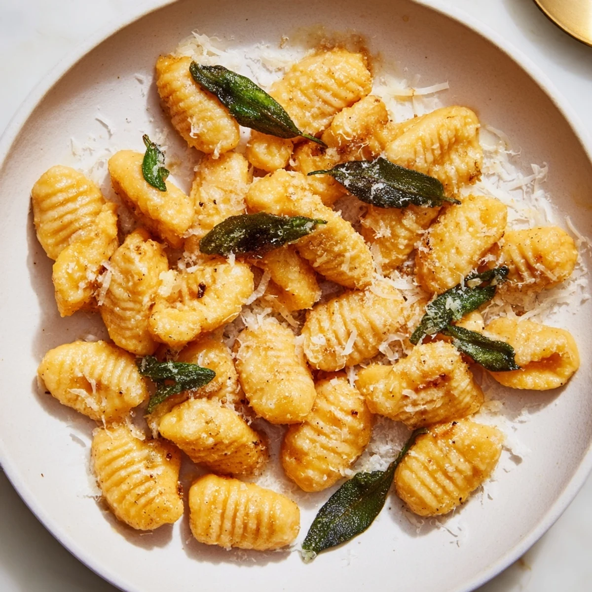 Golden, pillowy Butternut Squash Gnocchi, ready to be tossed in sage butter and Parmesan cheese.