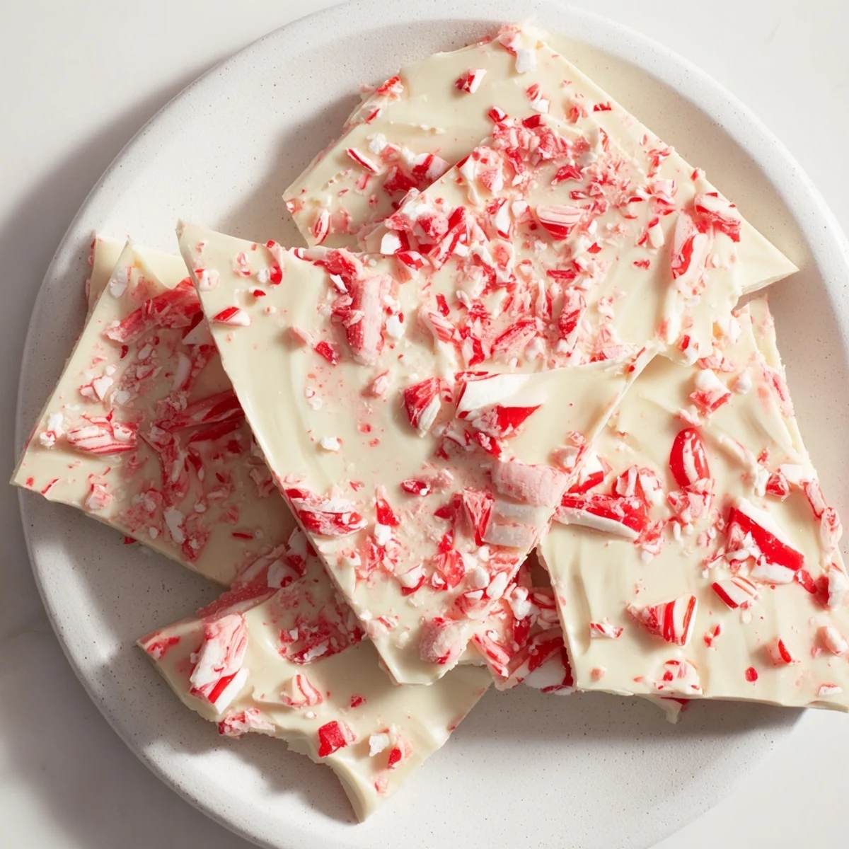 Peppermint White Chocolate Bark speckled with crushed peppermint candies, a festive dessert.