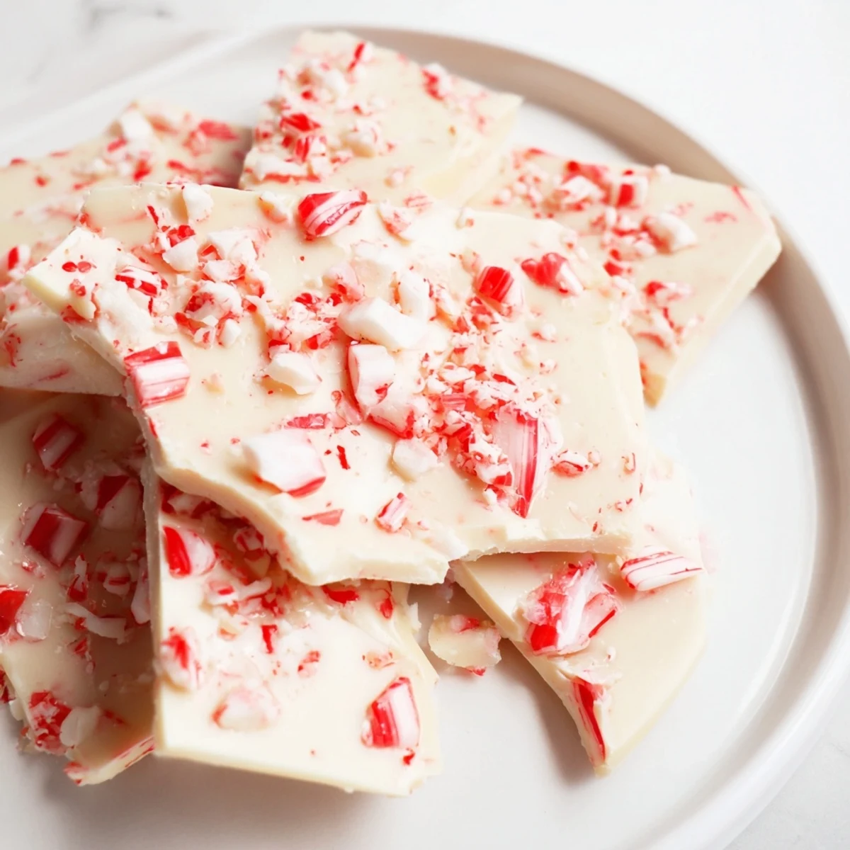Enjoy a close-up of the delicious, easy-to-make Peppermint White Chocolate Bark dessert recipe.