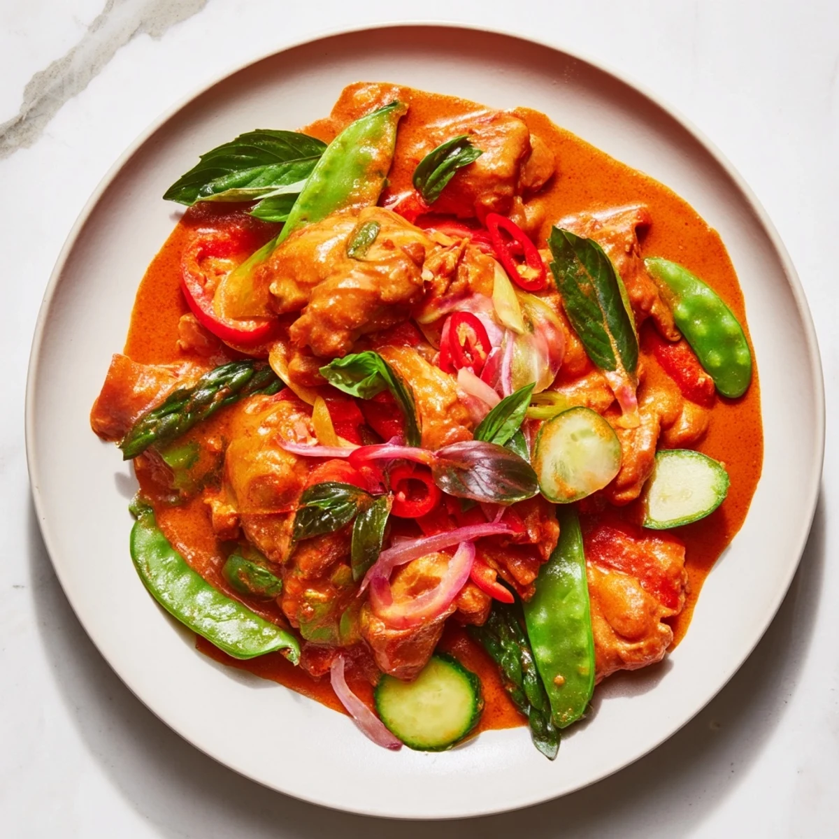 A steaming bowl of Spicy Thai Red Curry with Chicken, garnished with fresh herbs and red chili.