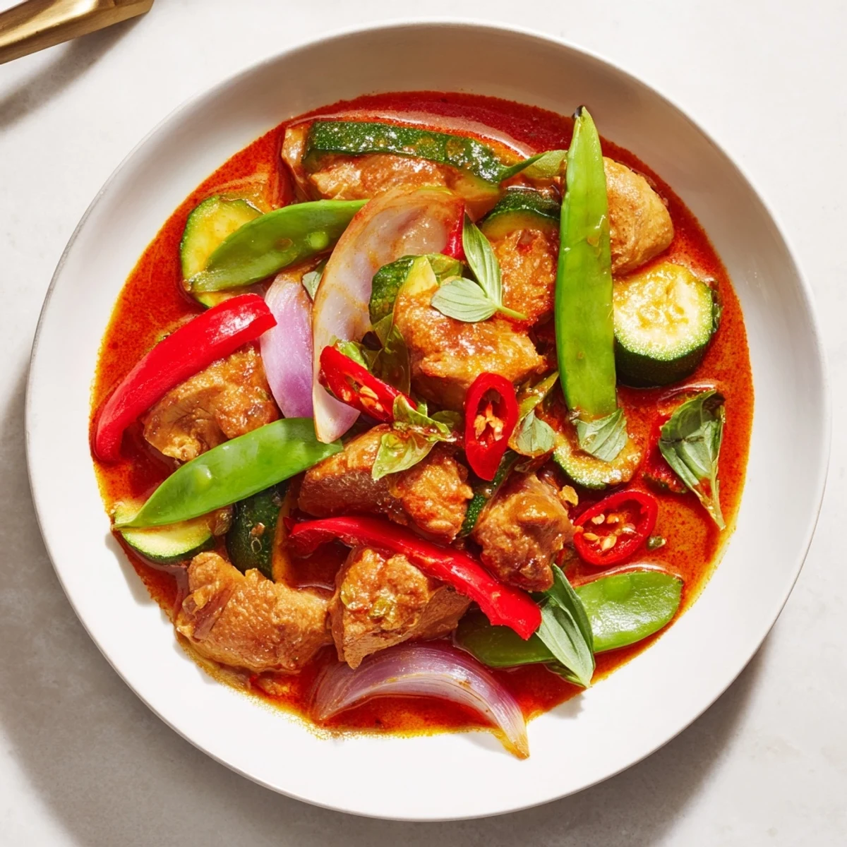 Delicious Spicy Thai Red Curry with Chicken, a flavorful meal with tender chicken and creamy coconut sauce.
