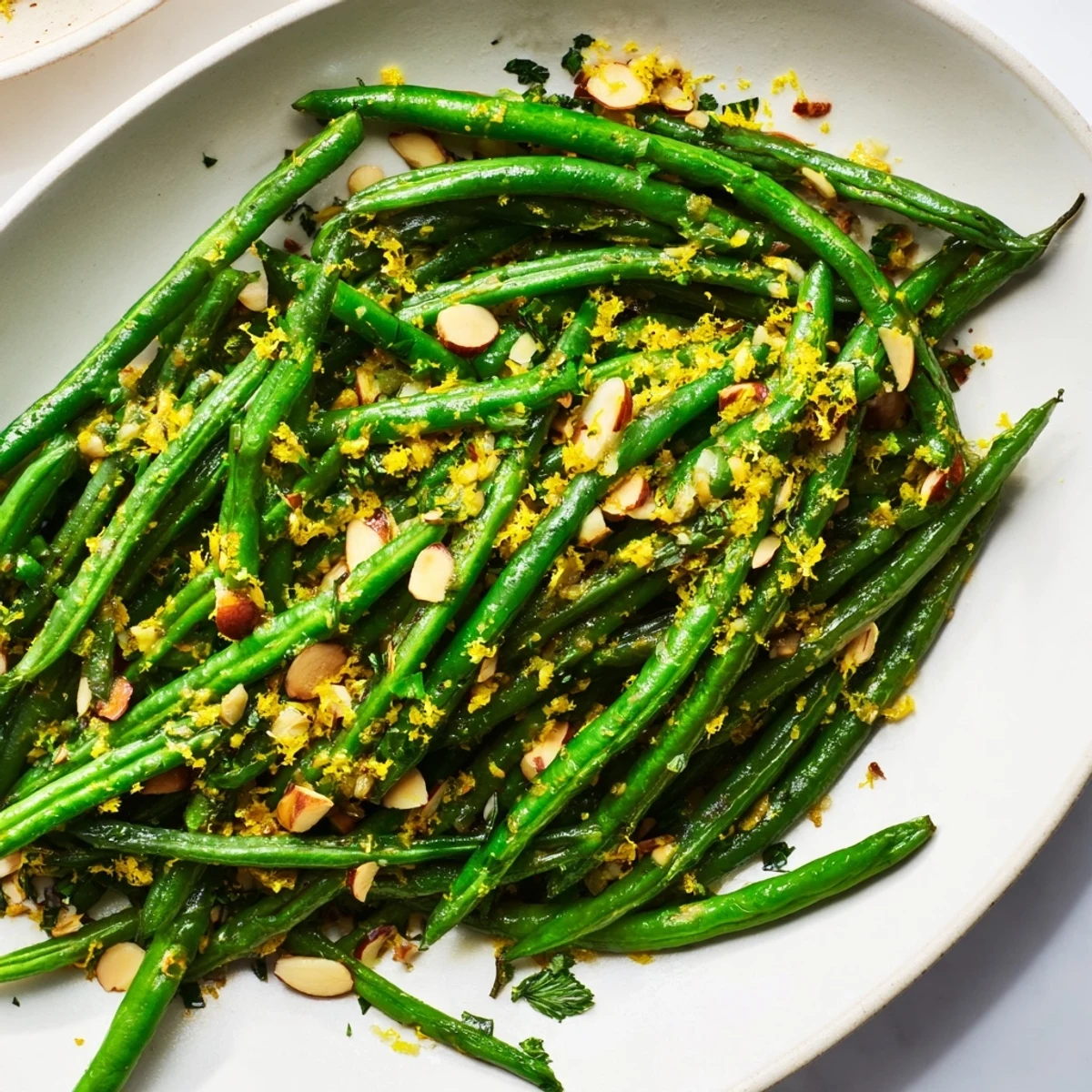 Fresh Lemon Garlic Green Beans, a vibrant side dish, ready to serve with toasted almonds.