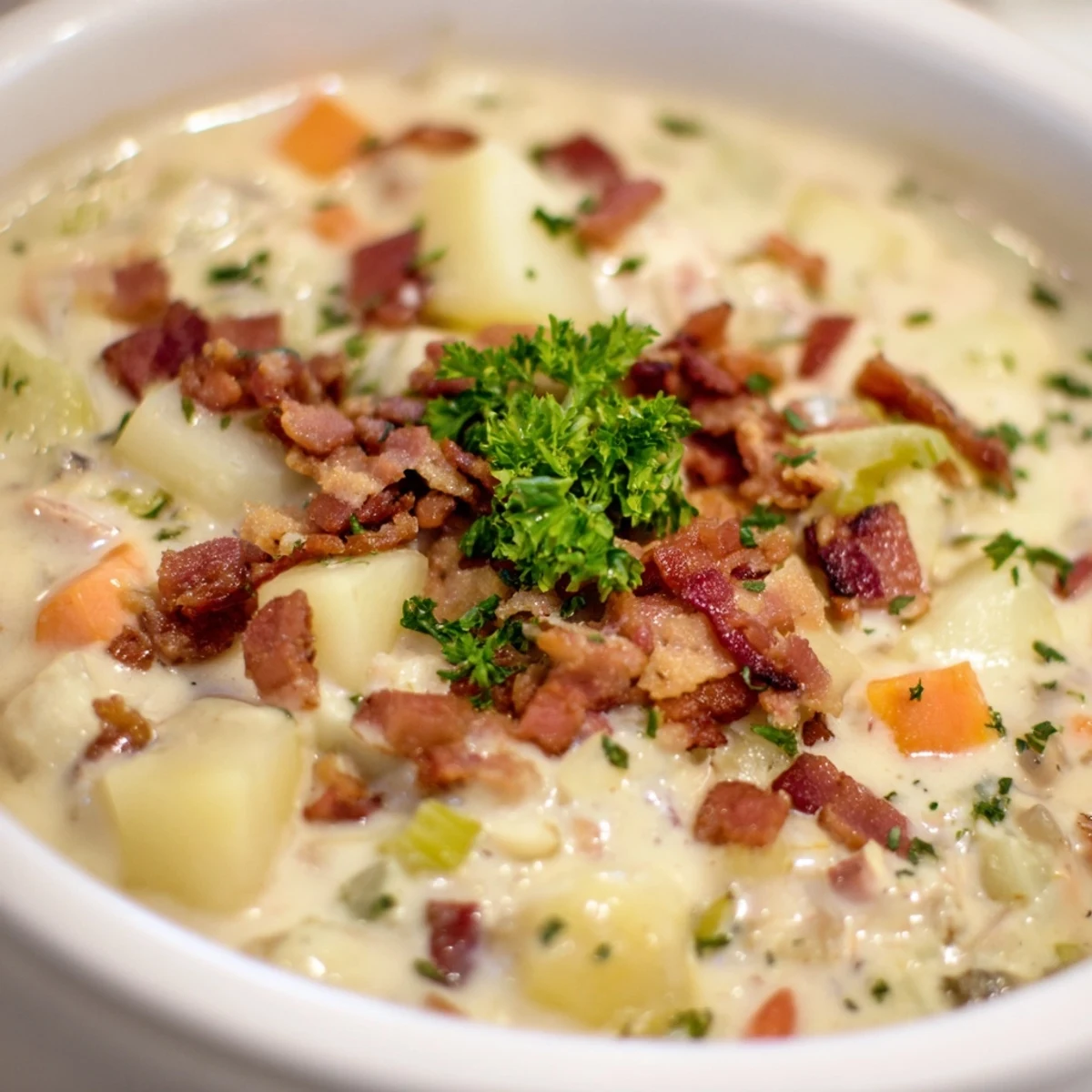 Golden image of creamy clam chowder, a hearty American soup brimming with clams and bacon.