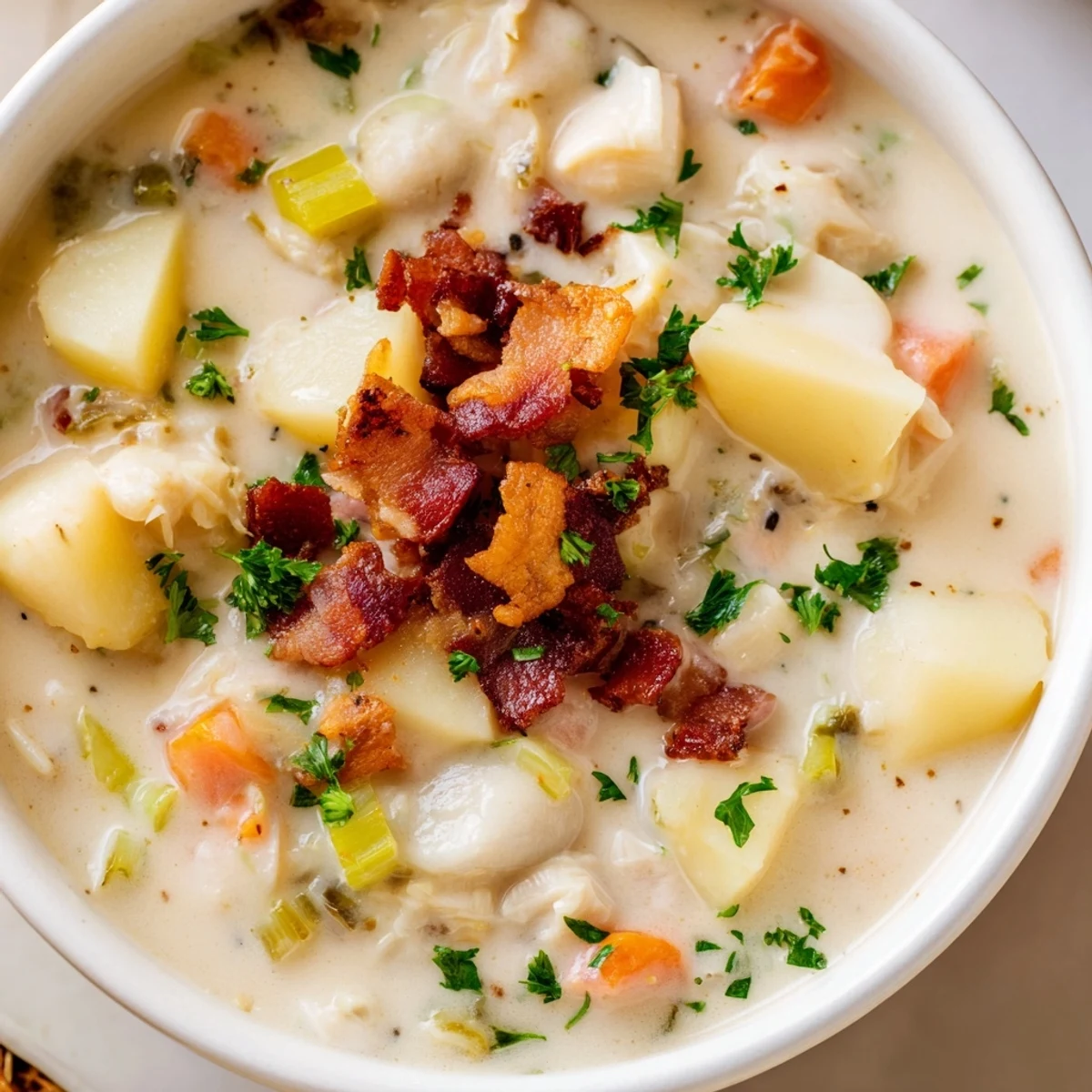 Close-up of a steaming bowl of creamy clam chowder with bacon crumbles and fresh parsley.