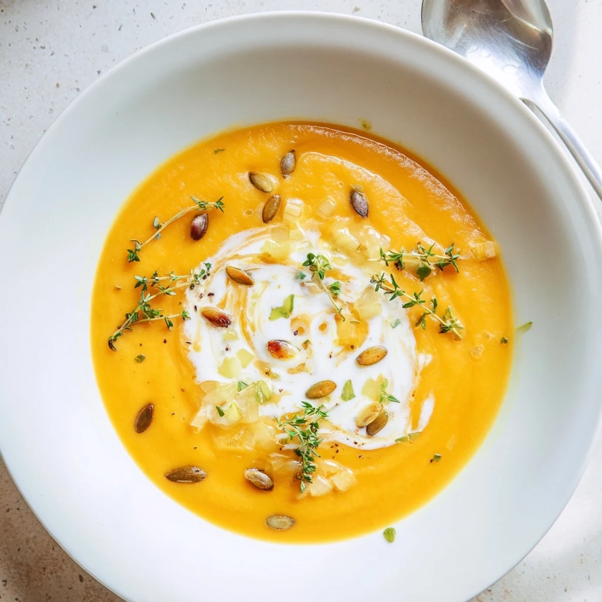 Velvety butternut squash and apple soup, garnished with thyme, ready to warm your soul on a cold day.