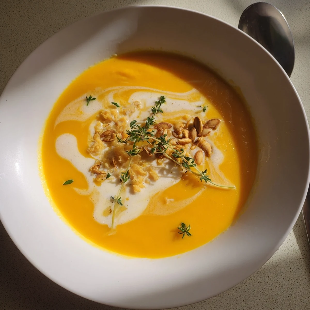 Homemade butternut squash and apple soup, a comforting American classic, served in a rustic bowl.