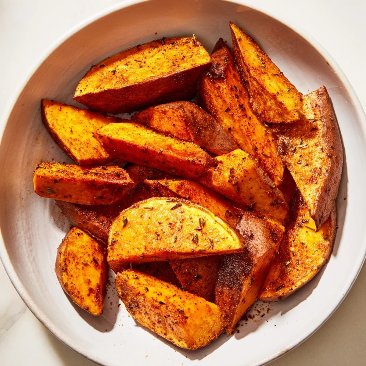Crispy edges and tender inside: delicious oven-baked sweet potato wedges, a healthy choice.