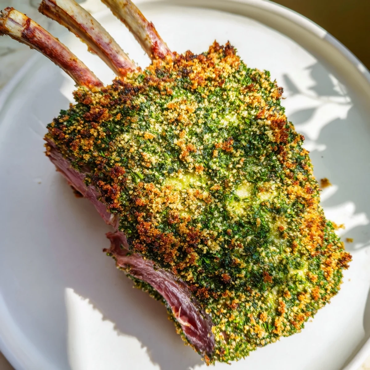 Herb crusted rack of lamb, perfectly roasted, showing off a golden, herb-crusted exterior.