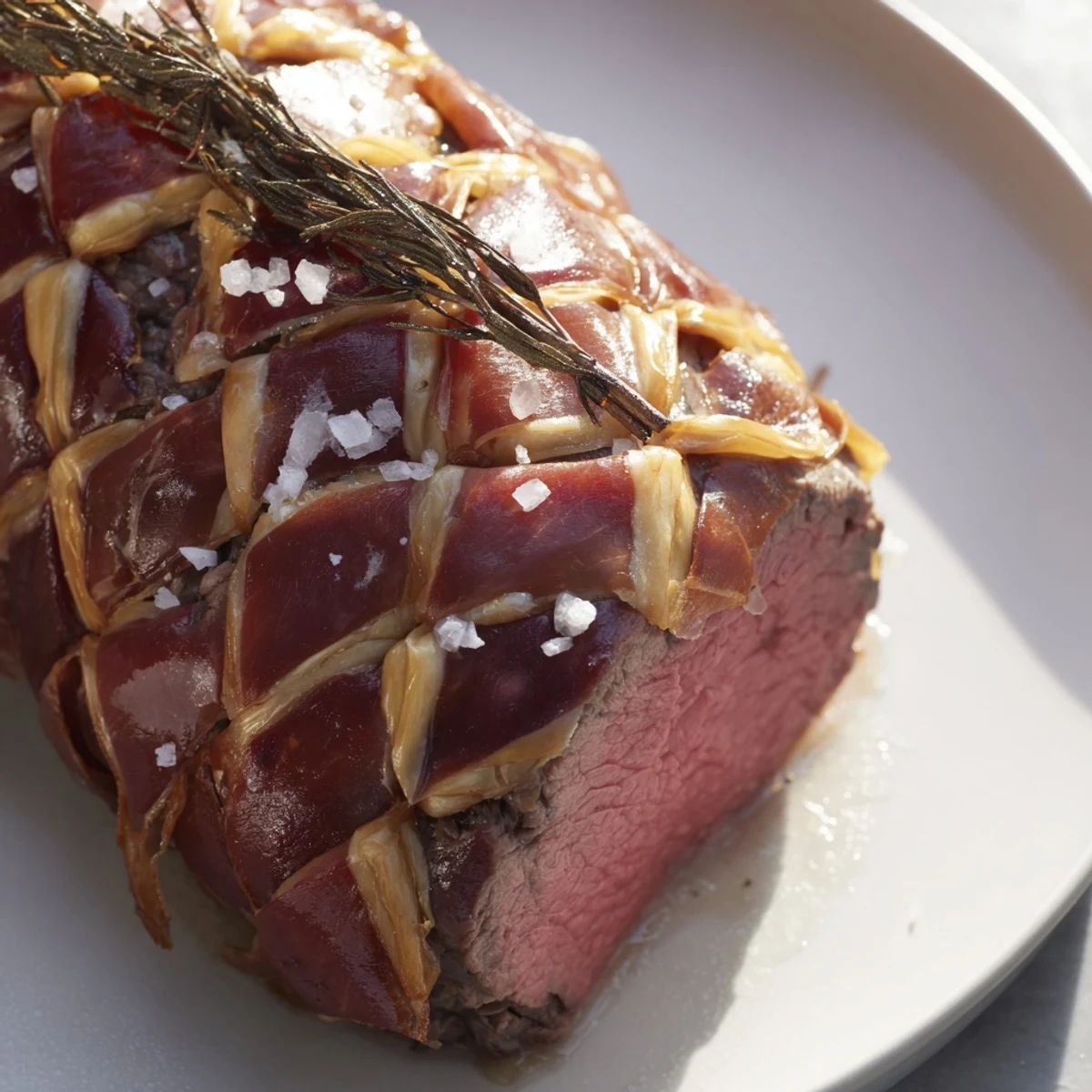 Golden, flaky pastry wraps a sliced Beef Wellington, revealing tender pink beef and savory mushroom duxelle.