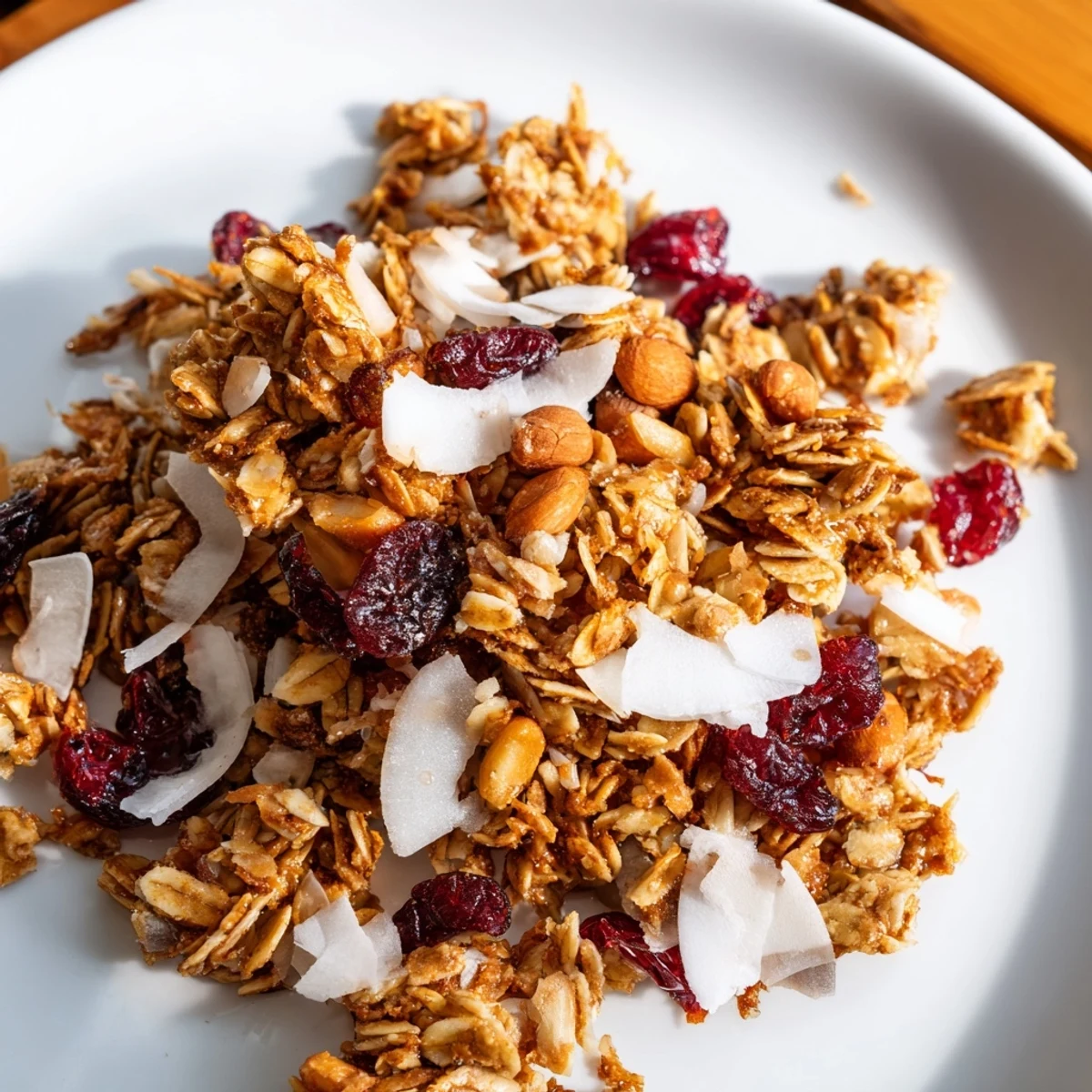 Golden, crunchy cranberry almond granola, perfect for a breakfast bowl with fresh berries.