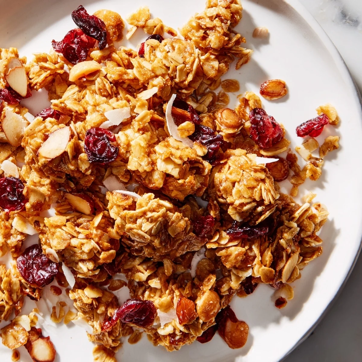 Close-up of golden-brown cranberry almond granola, with visible toasted almonds and dried cranberries.