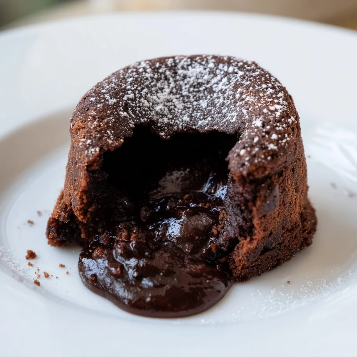 A warm Chocolate Lava Cake, with a molten center, is being served with a scoop of vanilla ice cream.