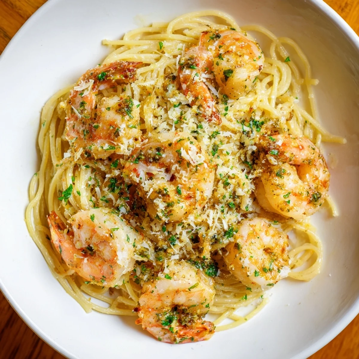 Garlic butter shrimp pasta, served hot, with juicy shrimp and perfectly cooked spaghetti.