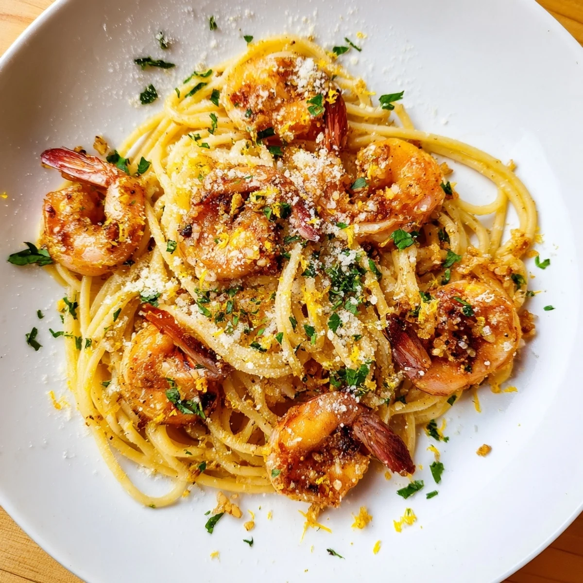 Close-up of garlic butter shrimp pasta glistens with lemon zest, ready to be enjoyed.