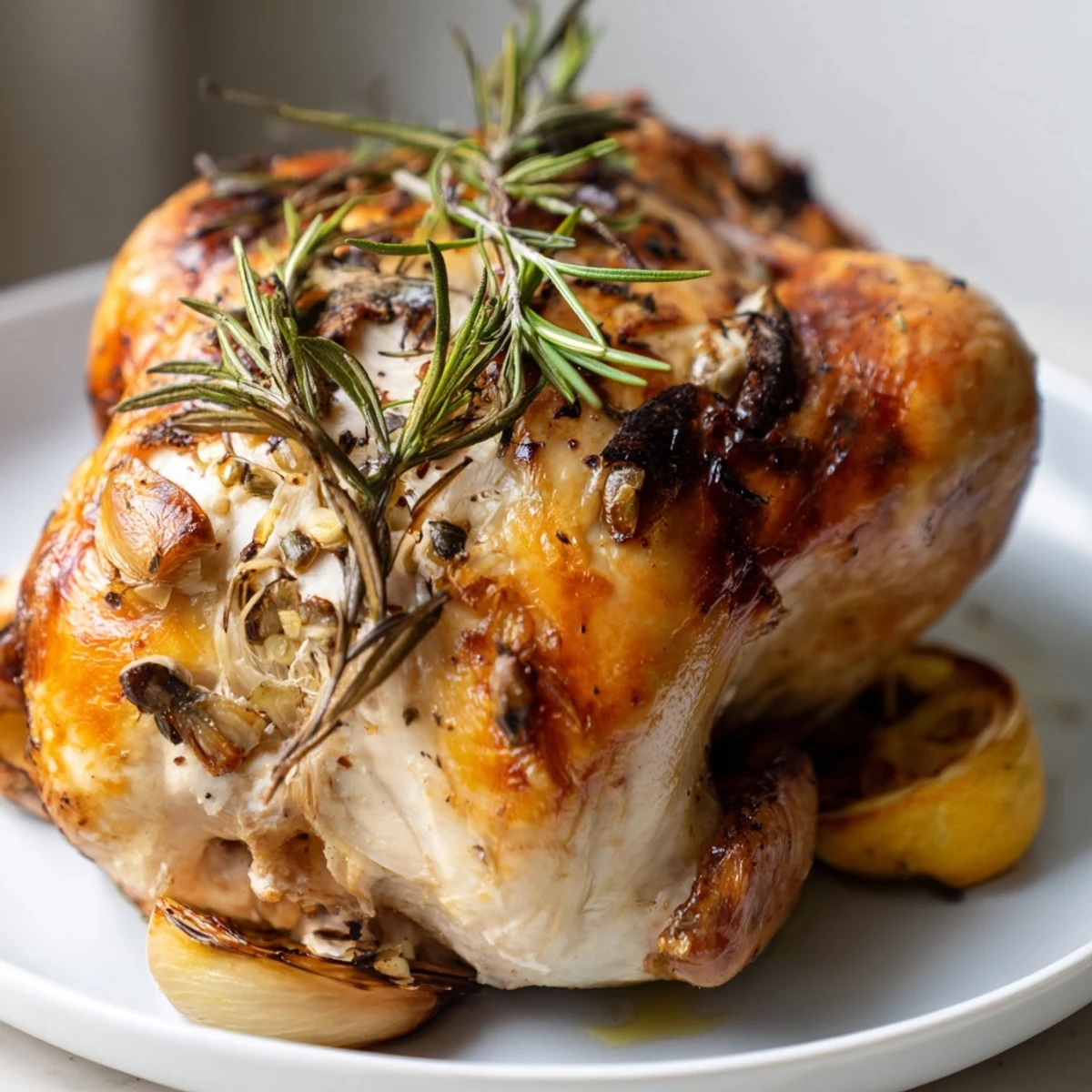 Golden, crispy-skinned Garlic Roast Chicken, glistening on a platter, ready for carving and serving.