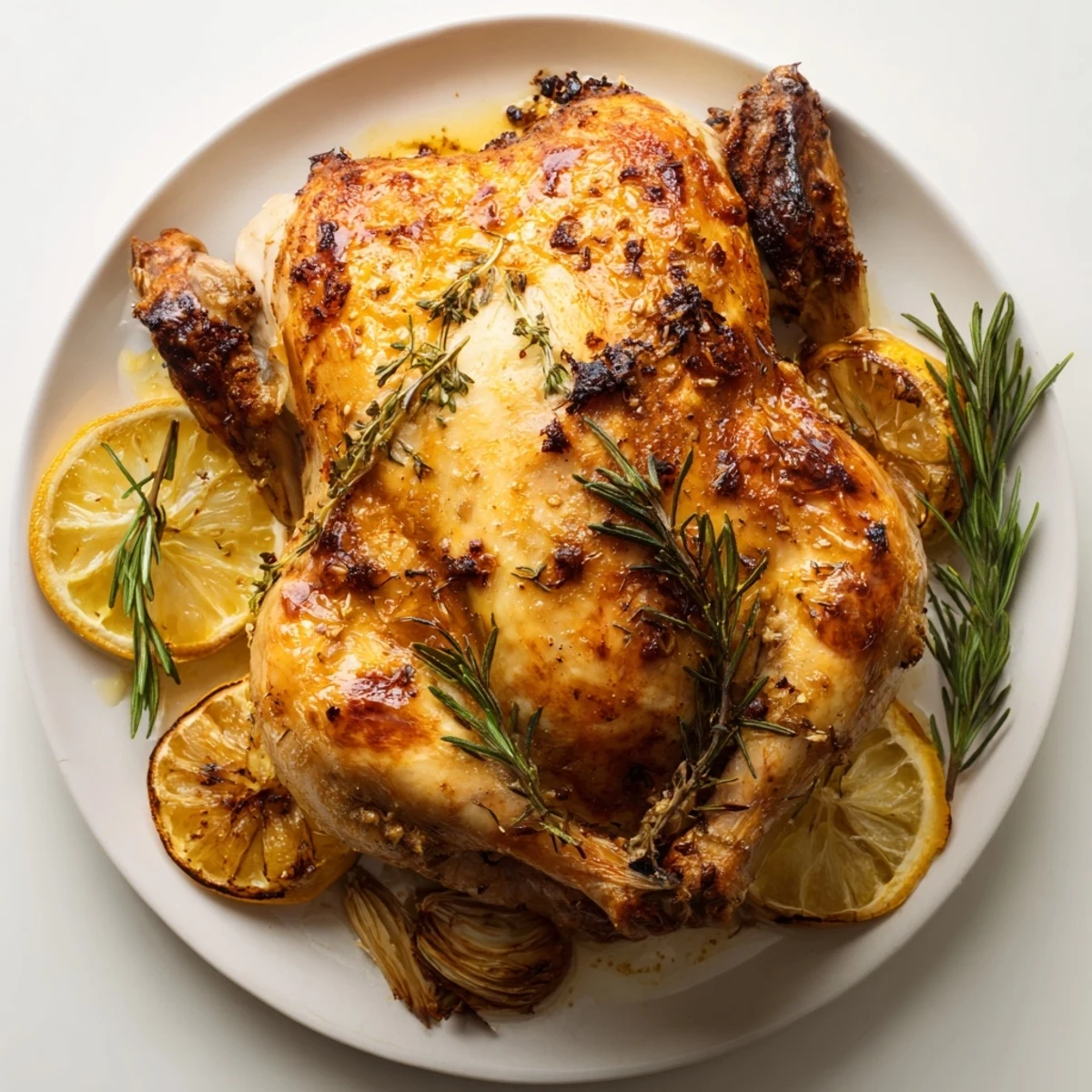 Close-up of a perfectly cooked Garlic Roast Chicken, showcasing the garlic cloves and herb aromatics.