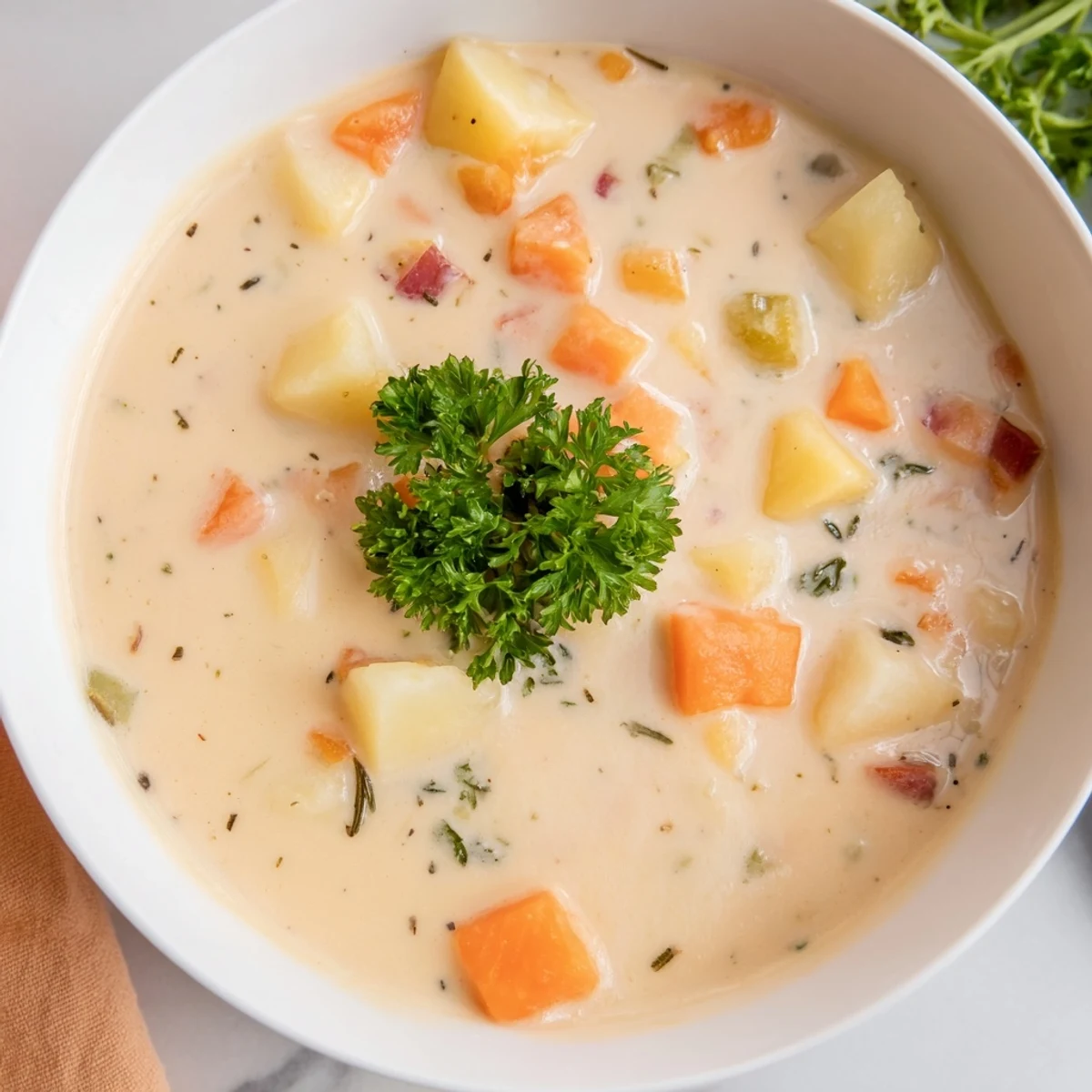 Close-up of the flavorful Winter Solstice Soup with hearty chunks of root vegetables.