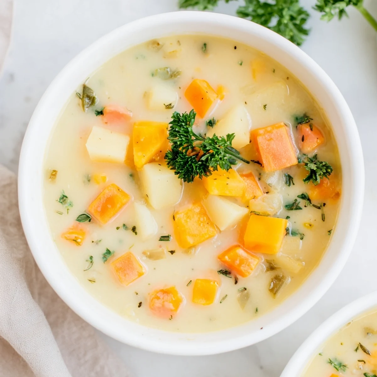 A steaming bowl of Winter Solstice Soup garnished with fresh parsley, ready to warm you.