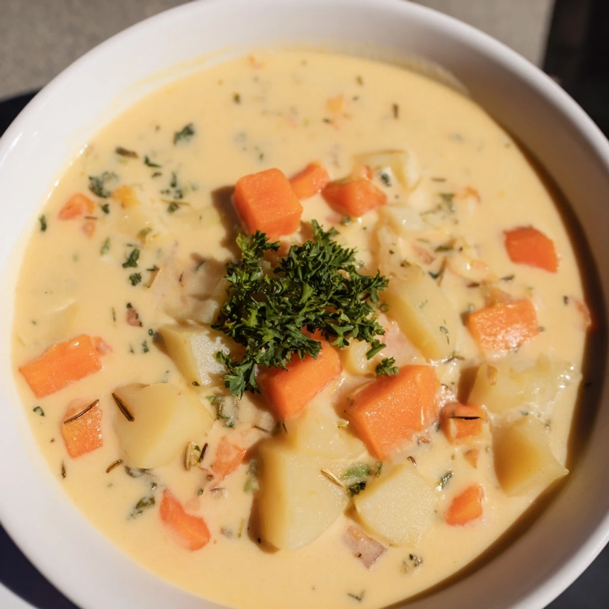 Golden Winter Solstice Soup served, perfect for a cozy, gluten-free winter meal.