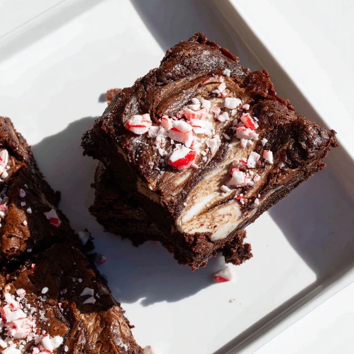 A close-up of delicious Peppermint Swirl Brownies, ready to be cut and served this season.
