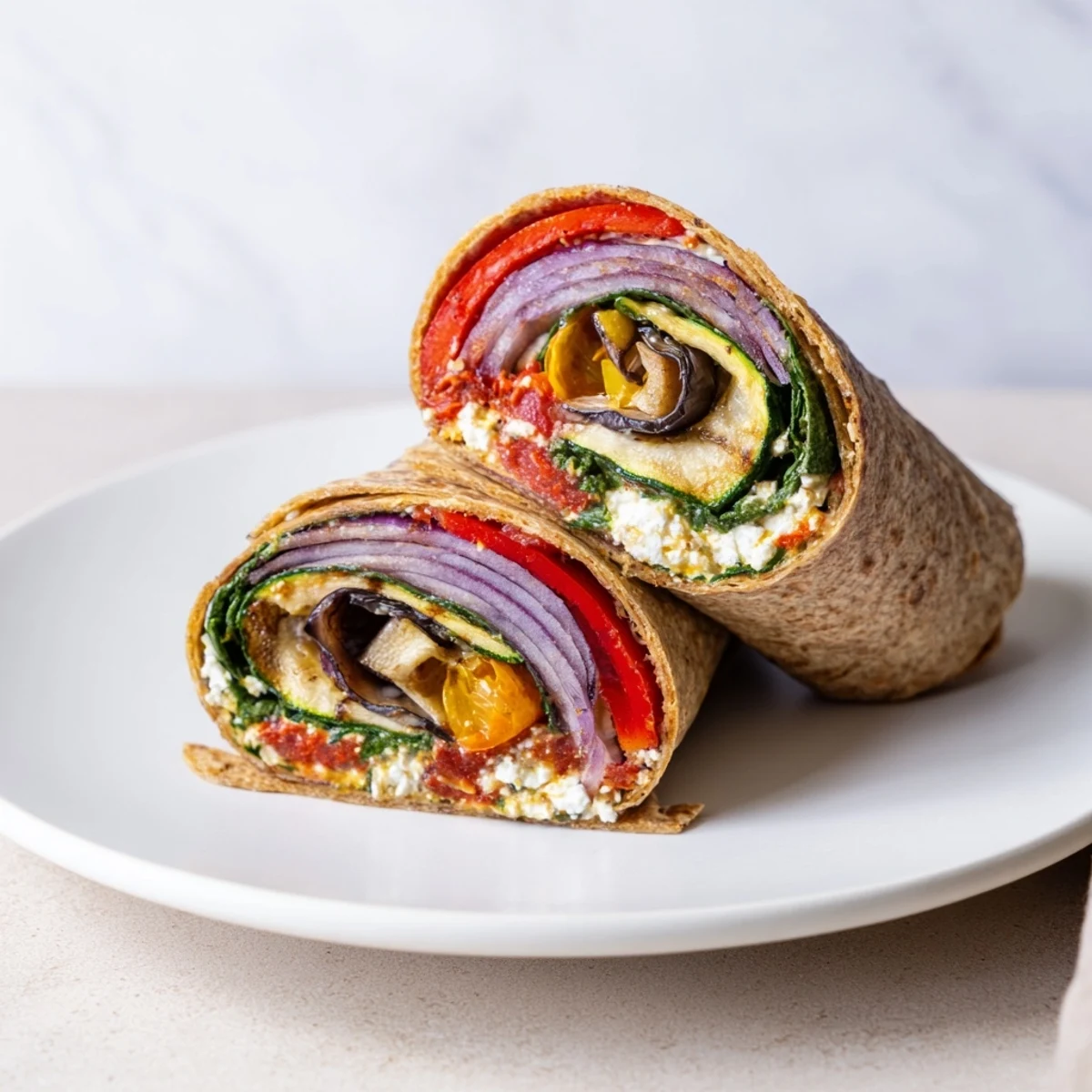 This delicious roasted veggie wrap features tender, oven-roasted vegetables in a wholesome wrap.