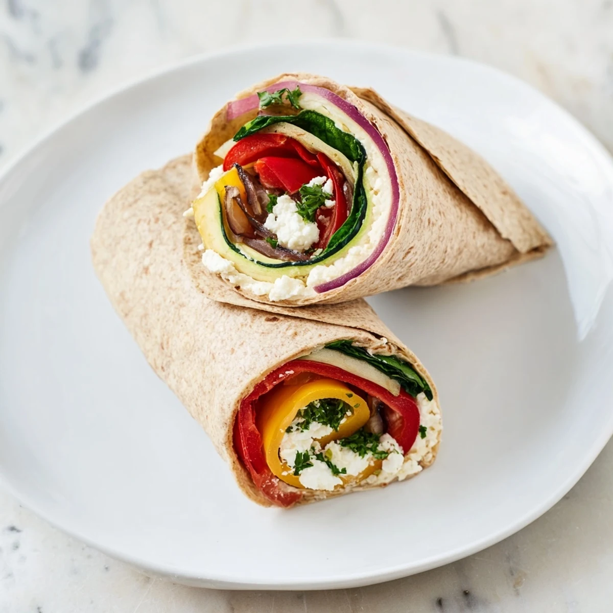 Roasted veggie wrap, a colorful and healthy lunch wrap filled with roasted vegetables and hummus.