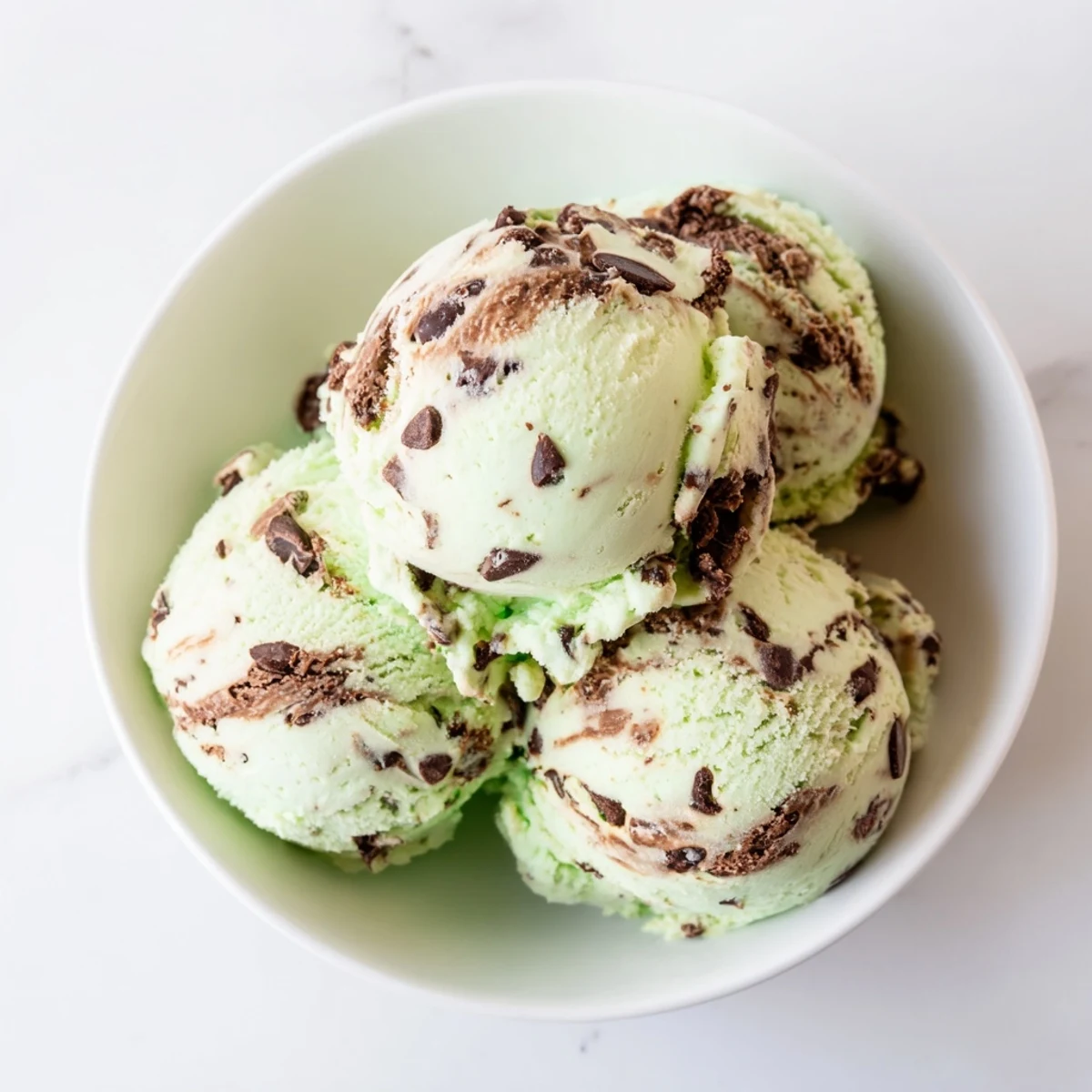 A close-up of homemade chocolate mint ice cream, swirled with chips, ready to enjoy.