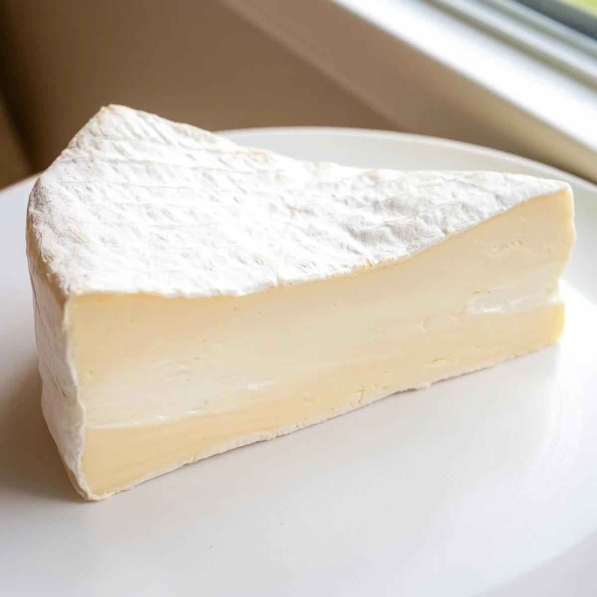 A wheel of creamy Brie cheese, its white rind hinting at the soft interior, ready for serving.