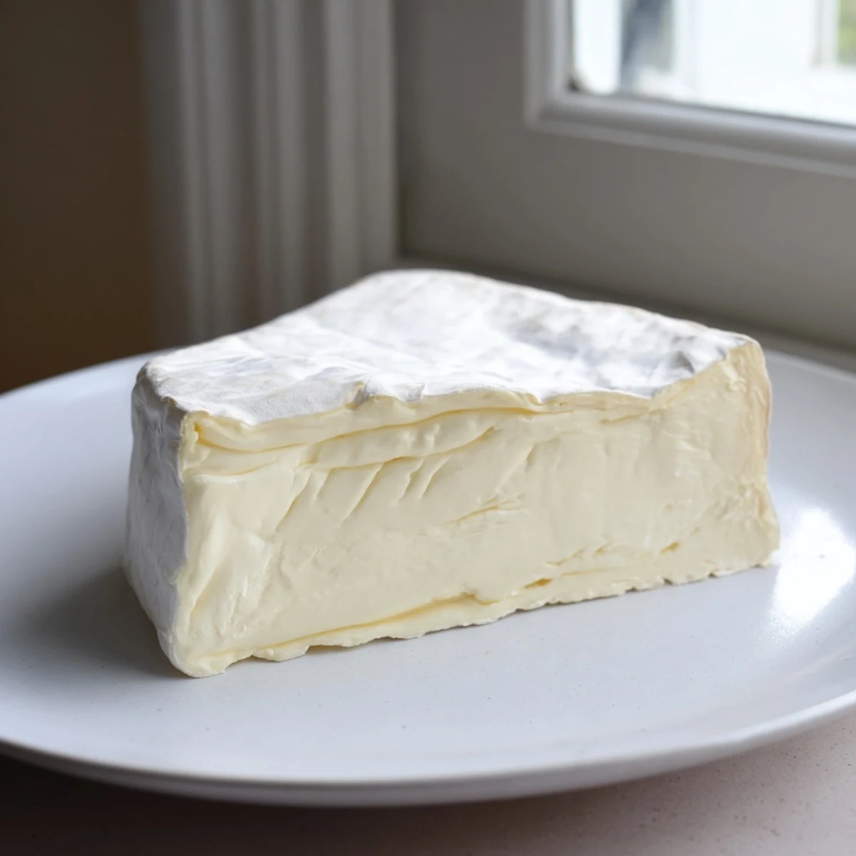The creamy Brie cheese cut open, revealing a golden, buttery interior, perfect for spreading.