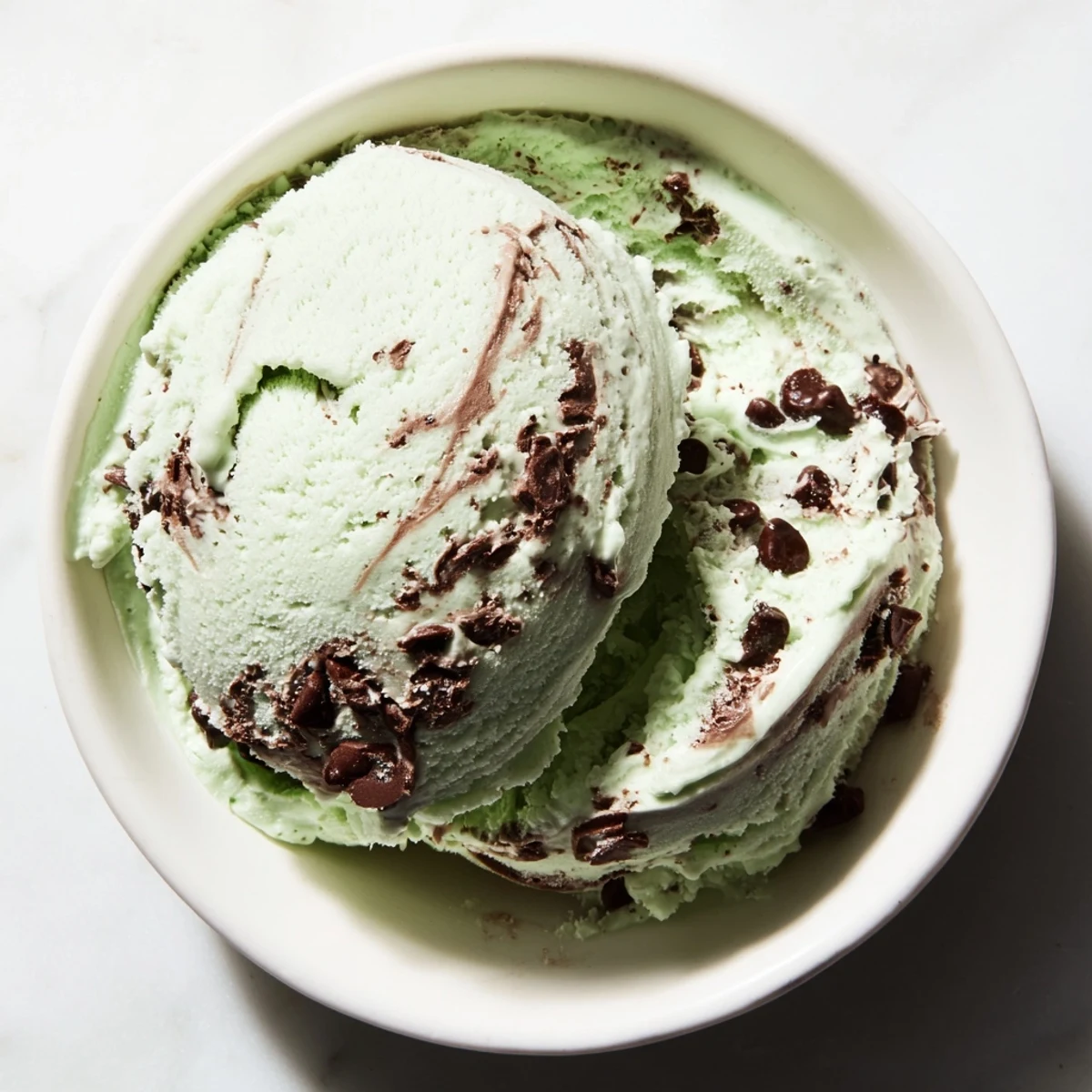 A close-up of homemade chocolate mint ice cream, ready to be scooped into a bowl.
