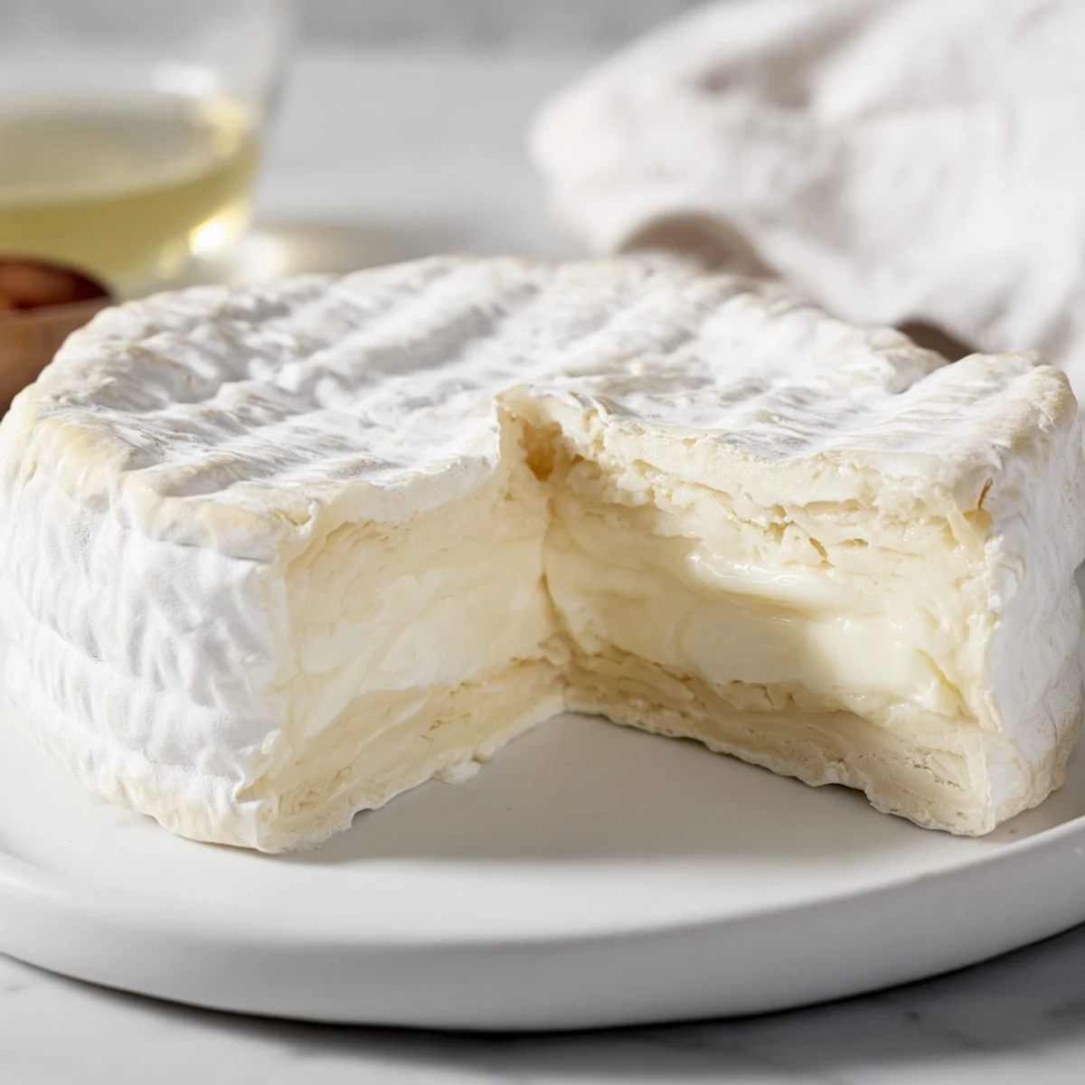 A perfect, creamy Brie cheese wheel with a soft rind ready to be enjoyed.