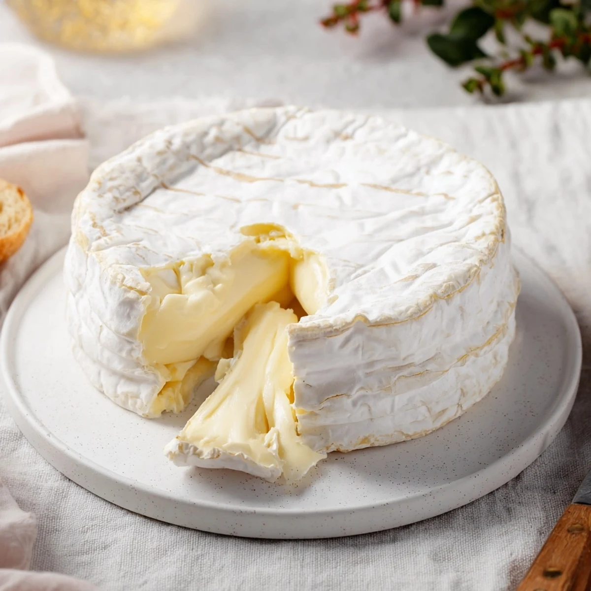Close-up shot shows a delectable Brie cheese, perfect on a cheese board or spread.