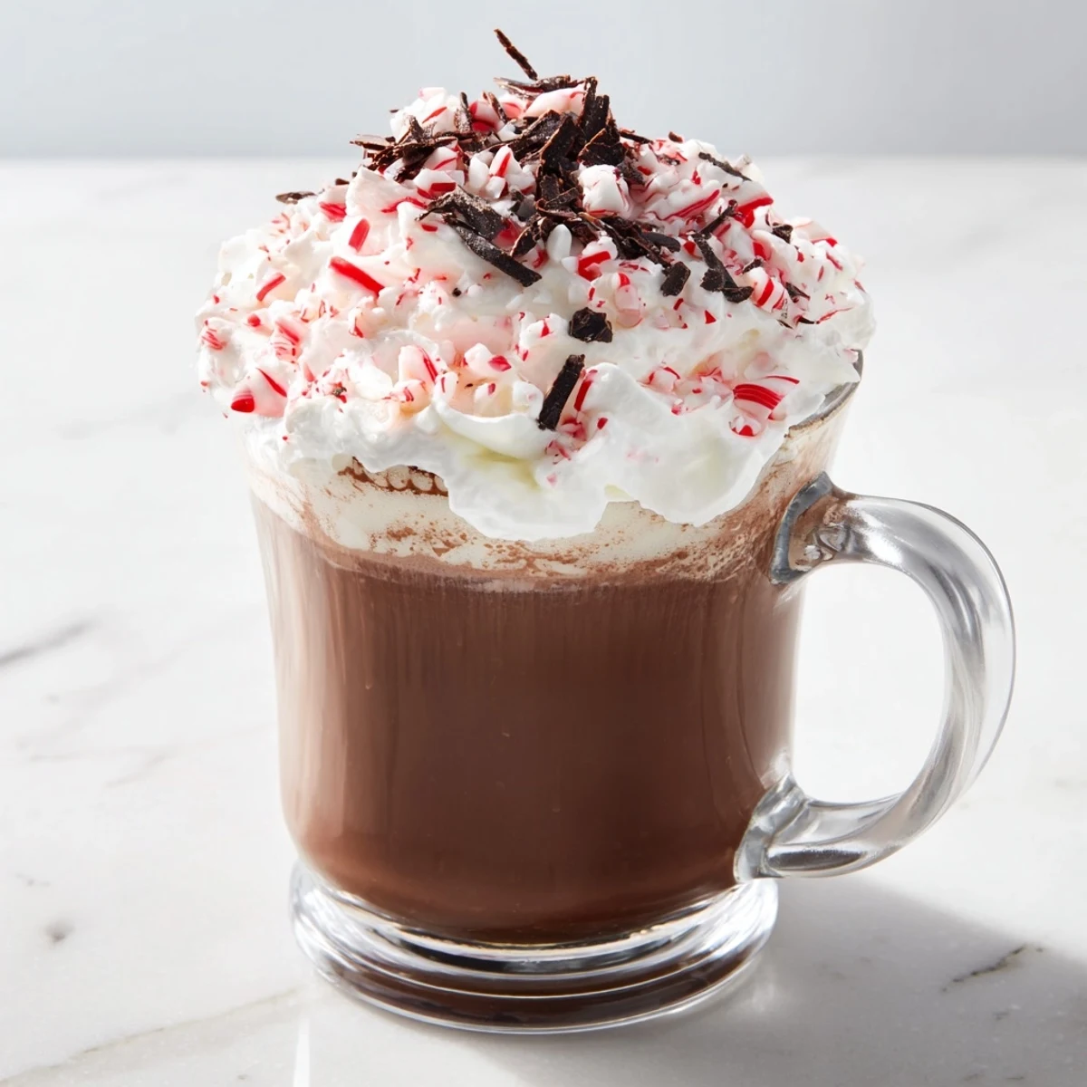A rich, dark mocha peppermint, topped with whipped cream and crushed peppermint candies, looks delicious.