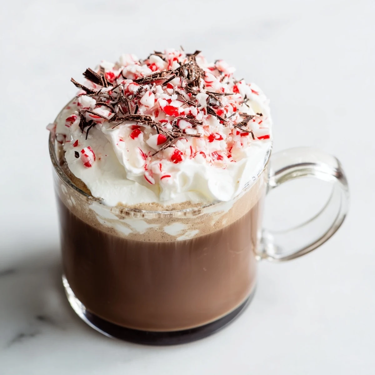 This festive photo shows a steaming mug of mocha peppermint, perfect for a cozy winter treat.