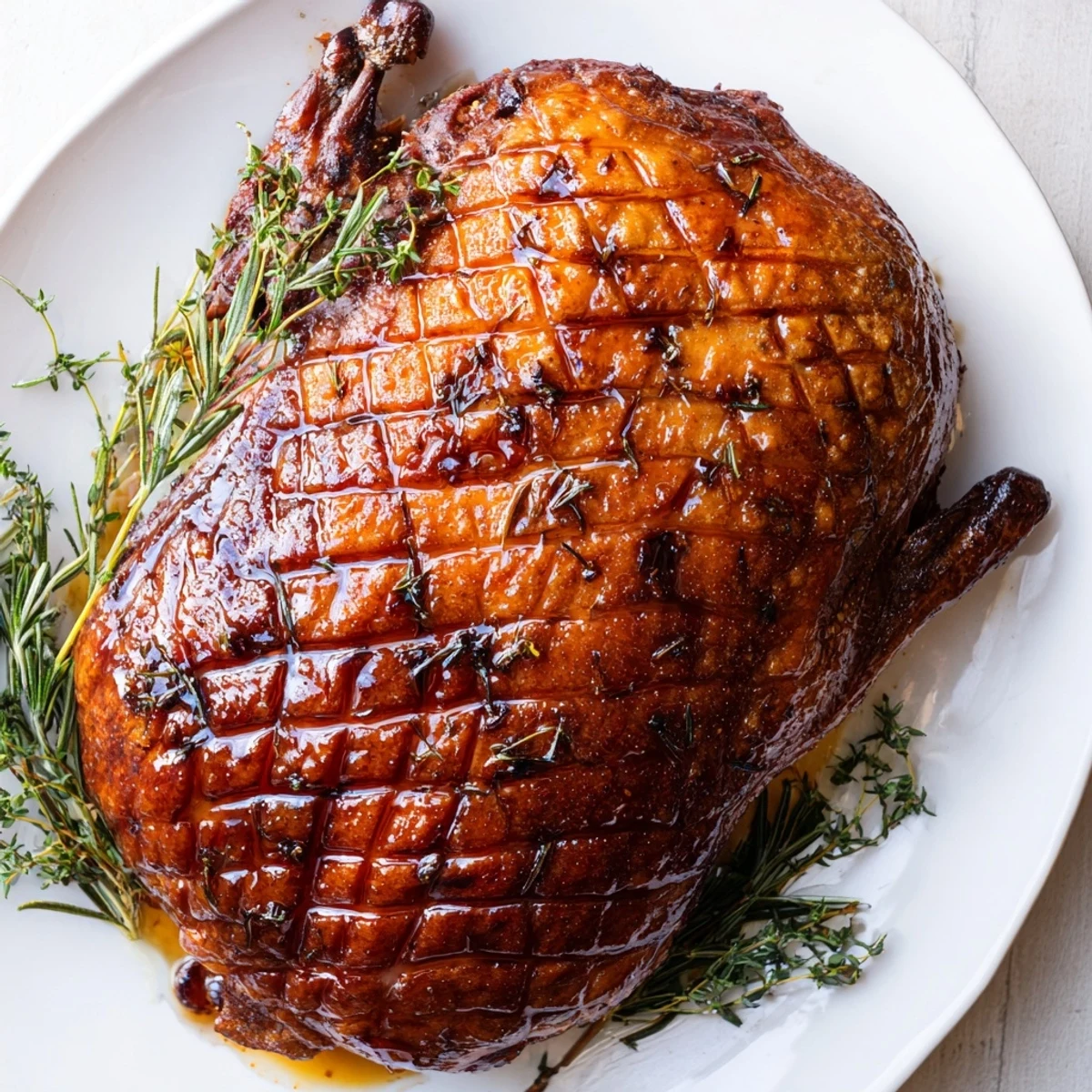 Un canard rôti doré à la peau croustillante et aux herbes aromatiques, prêt à être servi.