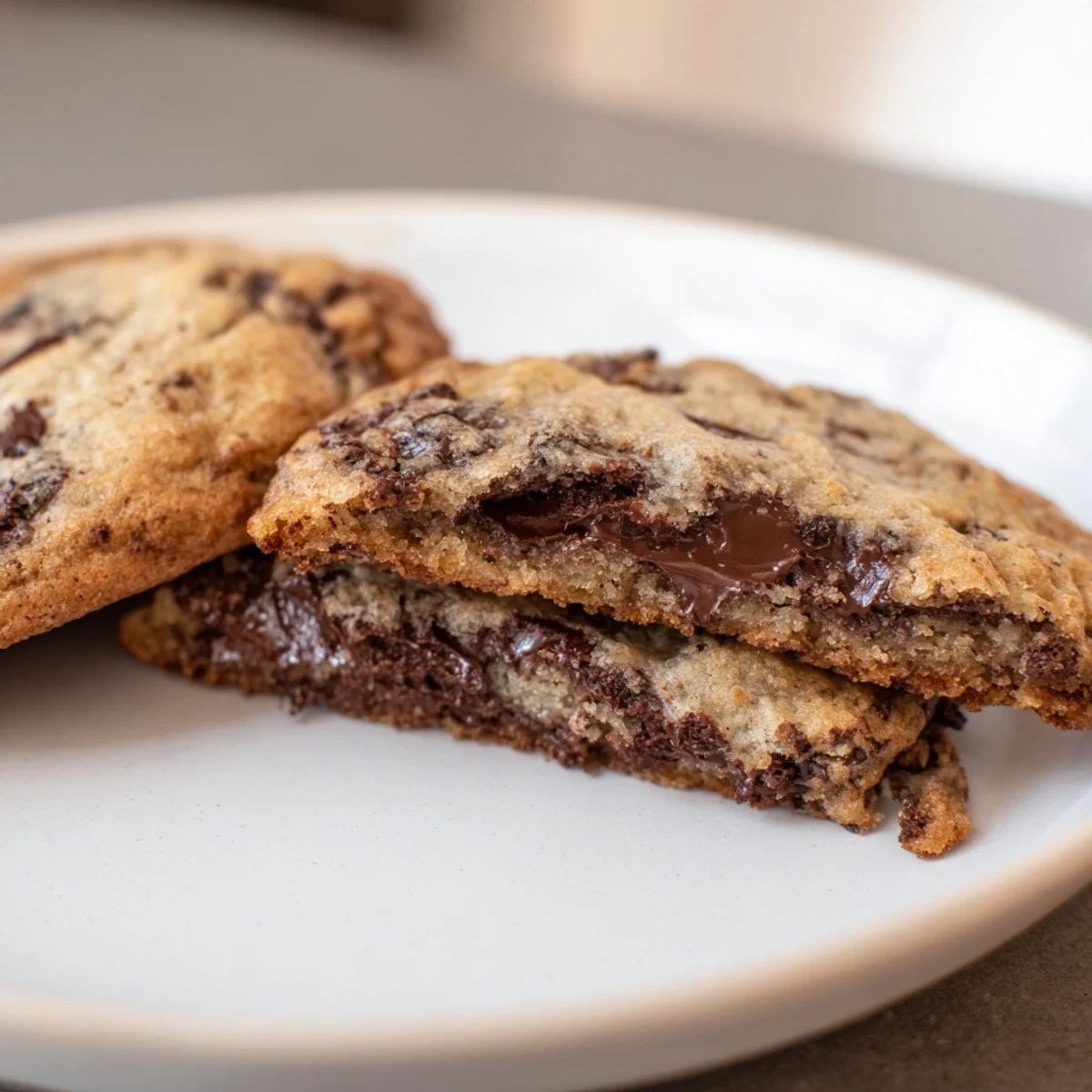 Chewy chocolate chip cookies, golden-brown and studded with melting chocolate, ready to enjoy.