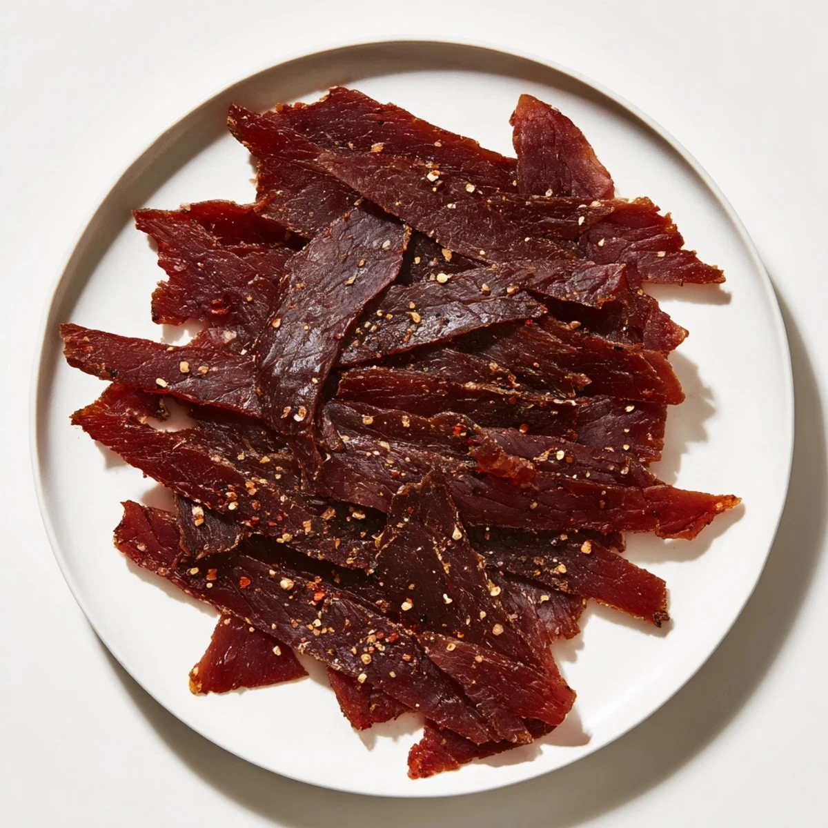 Close-up of savory jerky beef, perfectly dried and seasoned with delicious spices; a healthy snack.