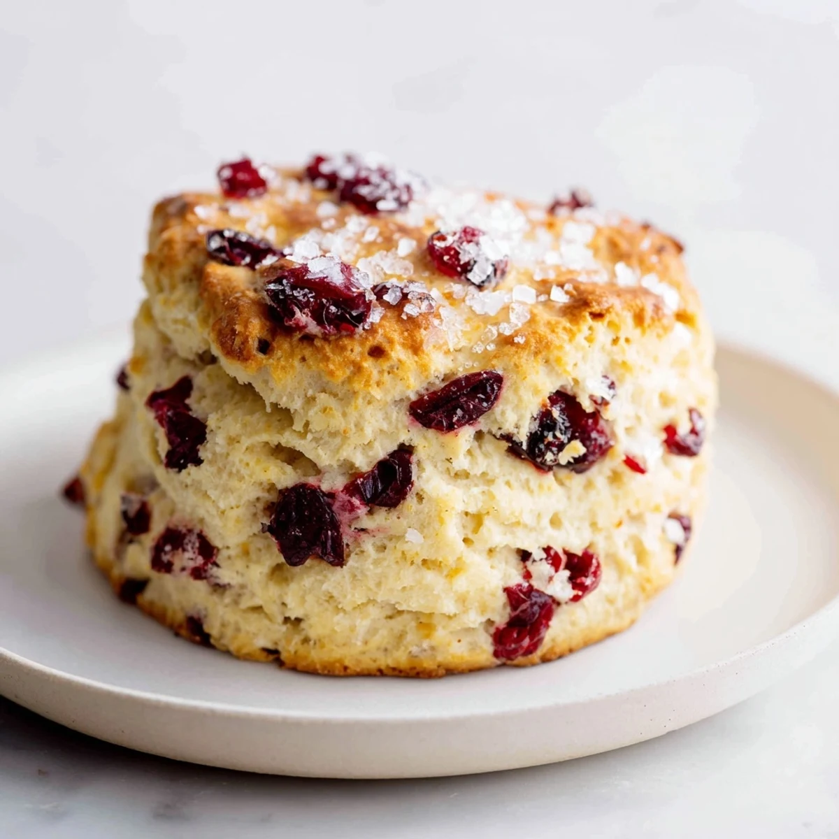 Golden, baked cranberry scones, perfect for breakfast, showing their tender, crumbly texture.