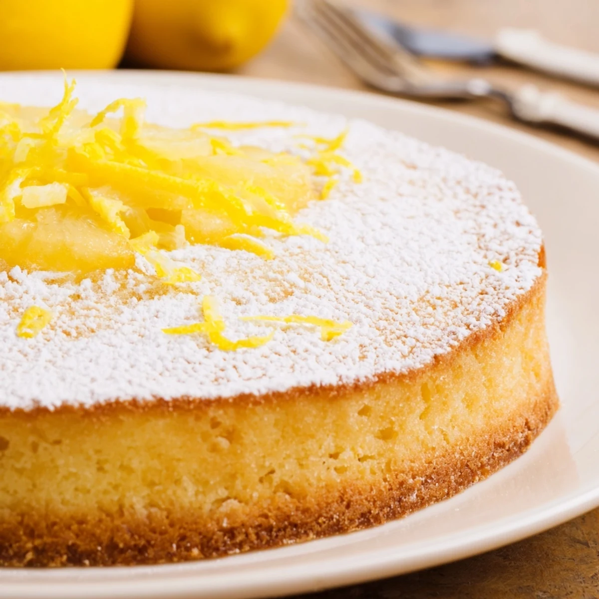 Close up shot of a perfectly sliced Fresh Lemon Tart with a buttery, flaky crust.