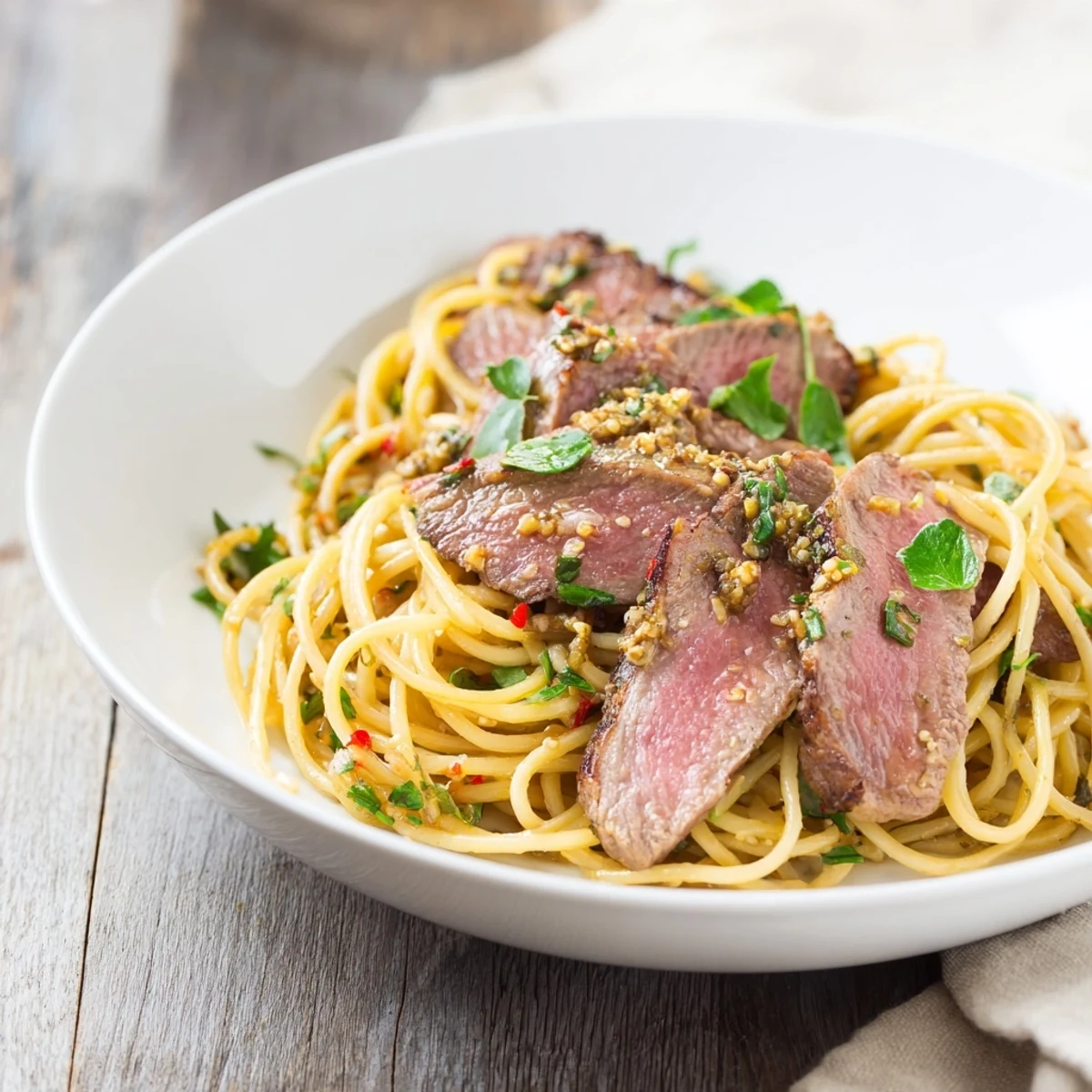 A close-up of beautifully seared Cut Beef, garnished with fresh parsley and lemon.
