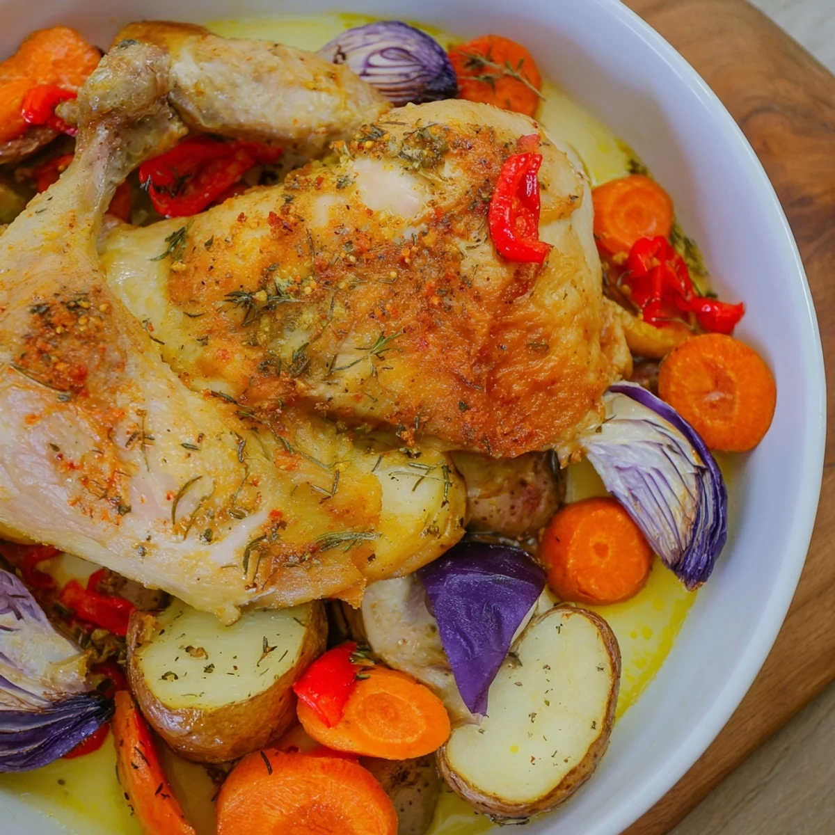 Baked Chicken with Herbs and Vegetables, glistening, golden-brown chicken thighs atop roasted colorful vegetables.