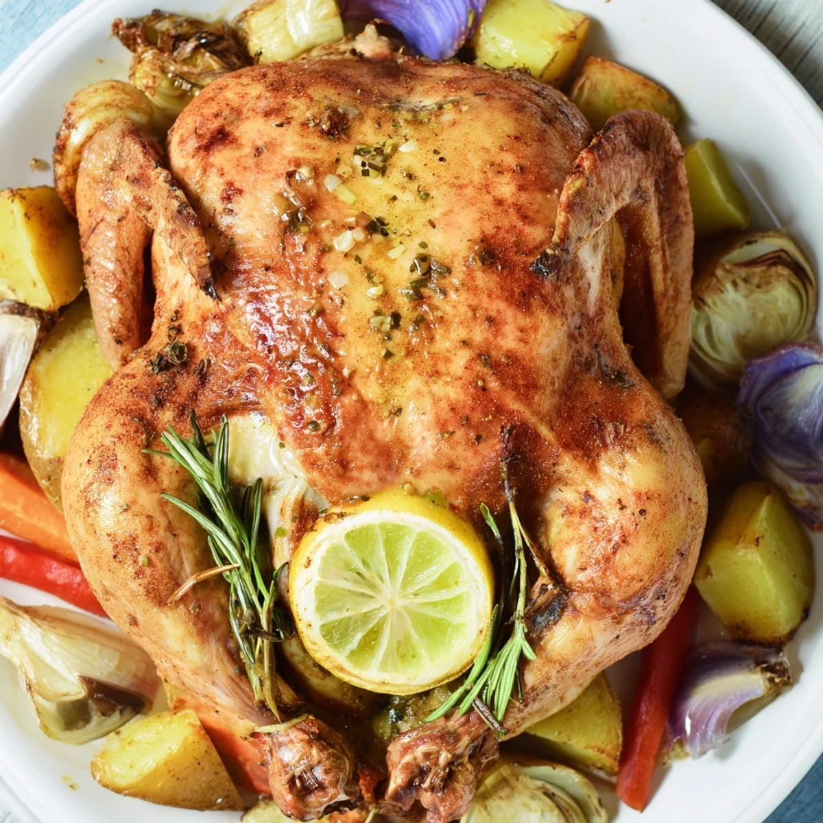 Aromatic roast chicken with herbs and roasted vegetables, a comforting Sunday dinner.
