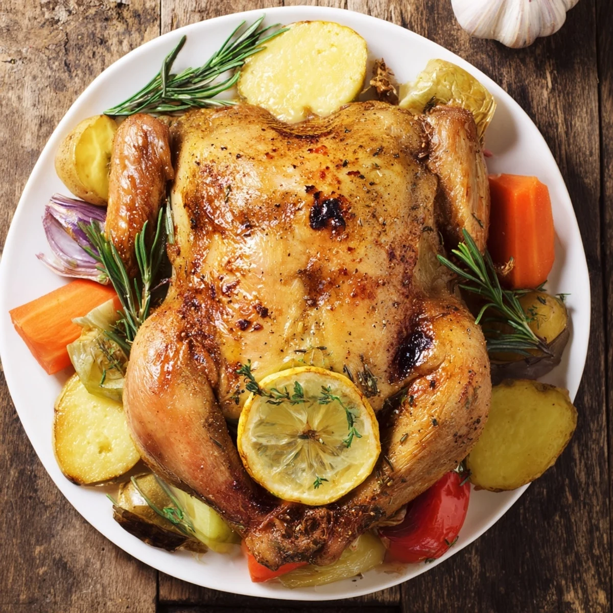 Golden-brown roast chicken with herbs, served alongside a medley of roasted root vegetables.