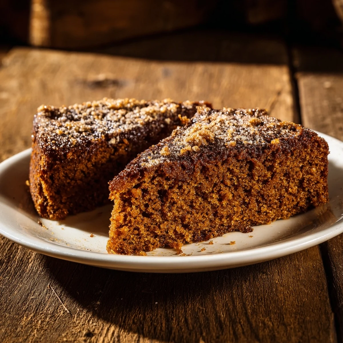 Moist, dark brown traditional gingerbread topped with powdered sugar, ready for a delicious treat.