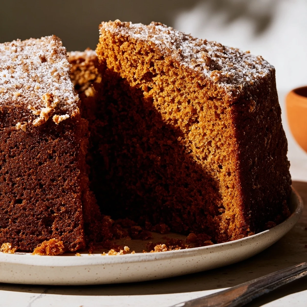 Homemade traditional gingerbread, spiced and flavorful, ideal alongside a cup of hot, comforting tea.