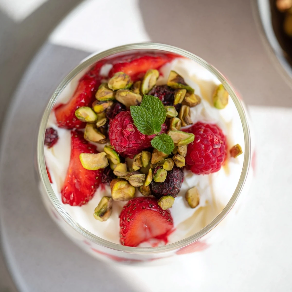 A creamy Goodness Creamy dessert, layered with fresh berries and toasted nuts, ready to enjoy.