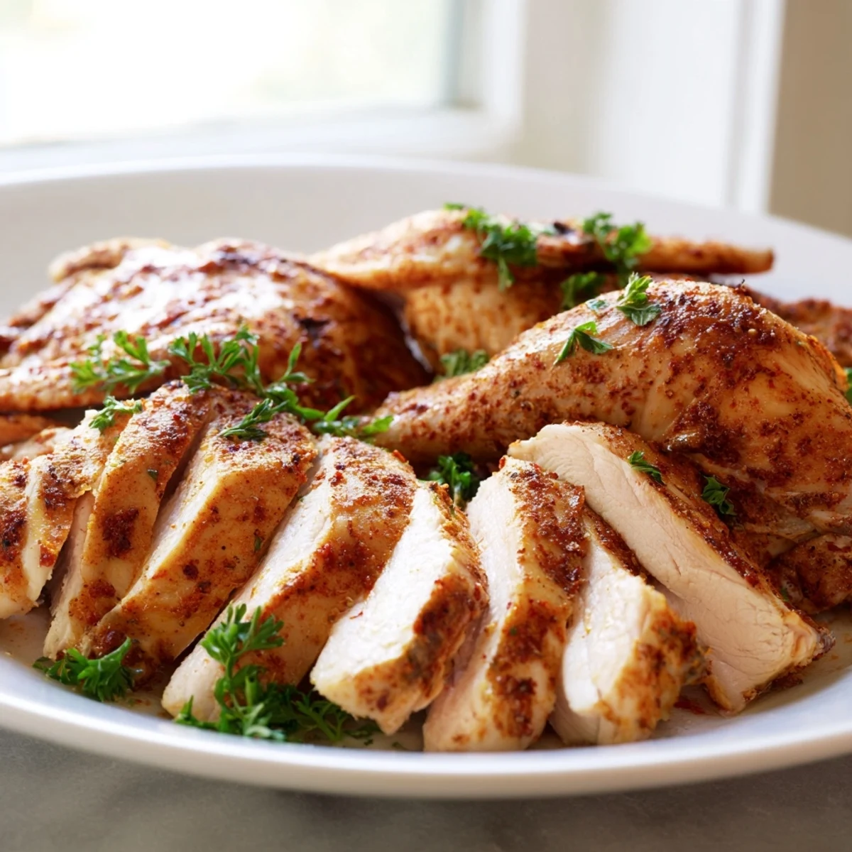 Plated Flavor Spiced Chicken, garnished with fresh cilantro and lemon, promises a vibrant taste.