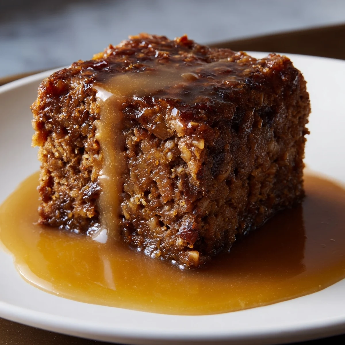 A steaming slice of sticky toffee pudding, glistening with dark toffee sauce and ready to serve.