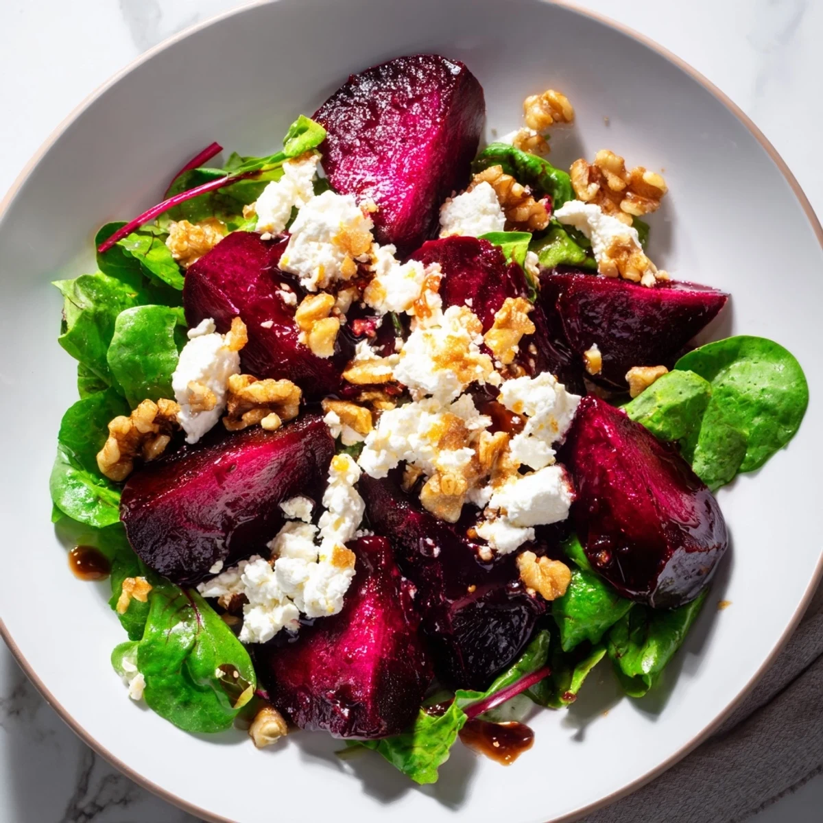 Enjoy a close-up of this delicious Roasted Beet Salad, with its colorful beets and creamy goat cheese.