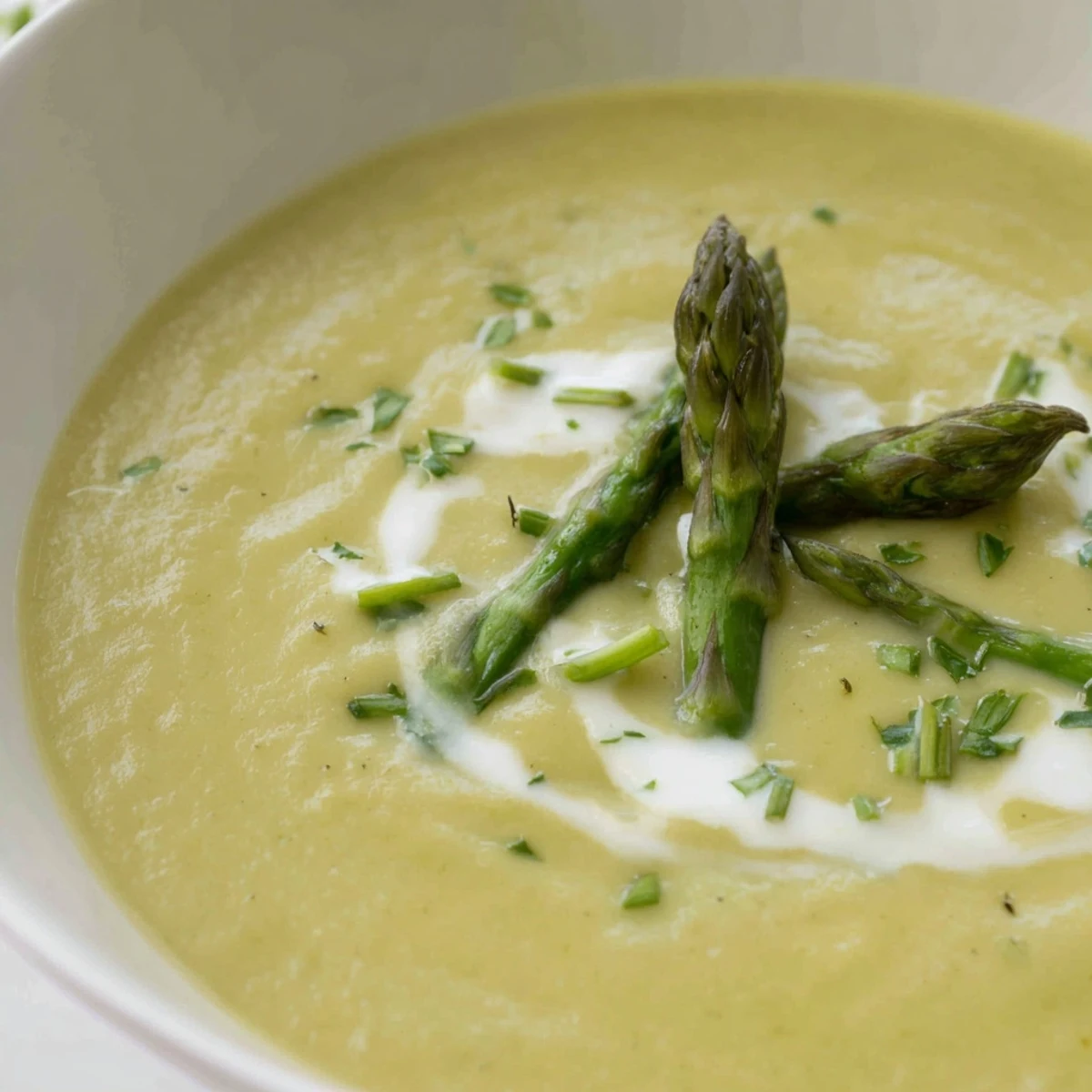 Close-up of a bowl of creamy asparagus soup; smooth, green texture, perfect for a cozy meal.